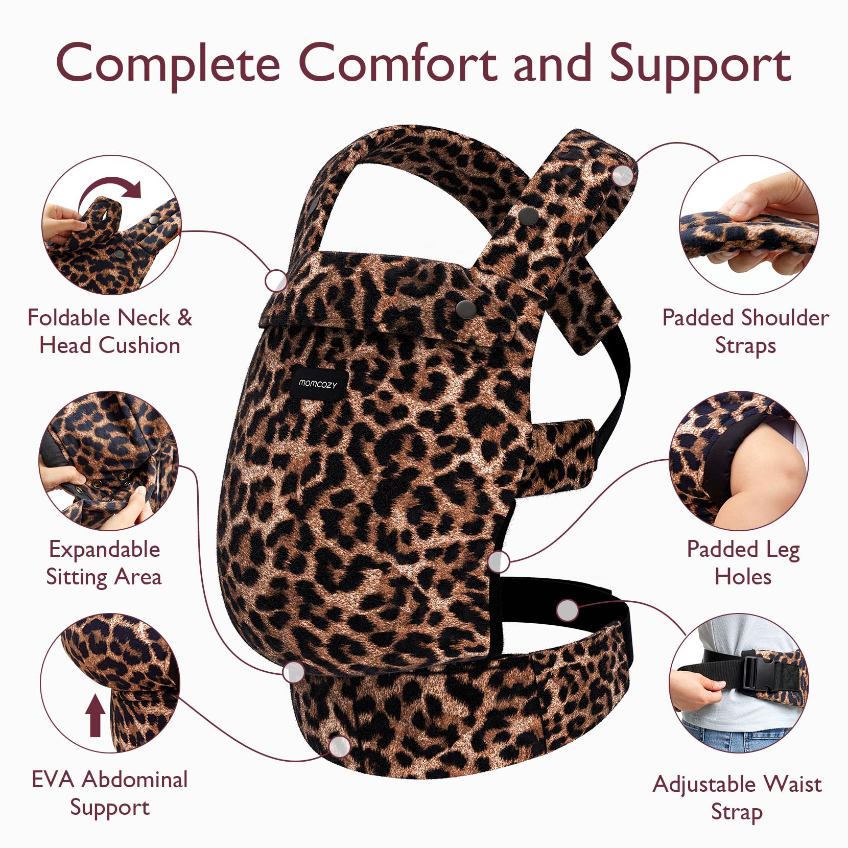 Momcozy X-back design demonstrates balanced weight distribution for parent and baby.