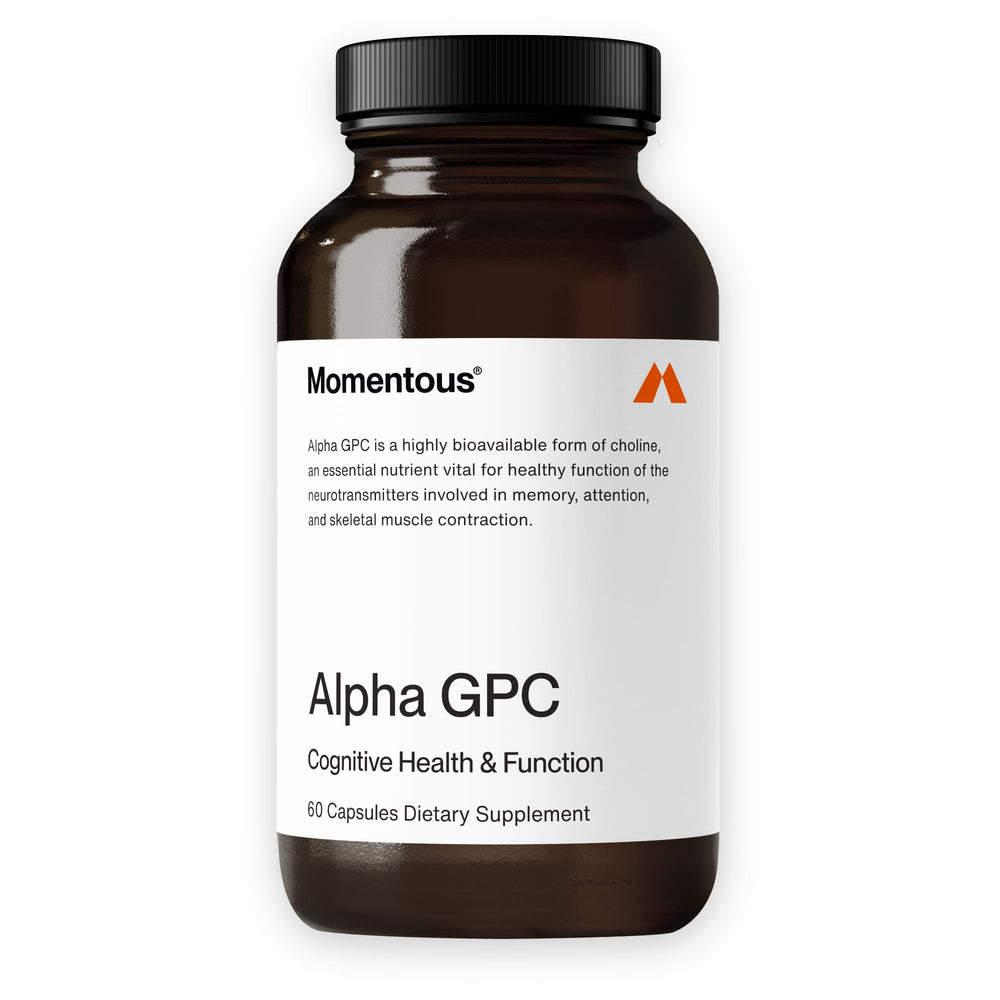 Momentous Alpha GPC bottle on a clean surface, may support cognitive health potential.