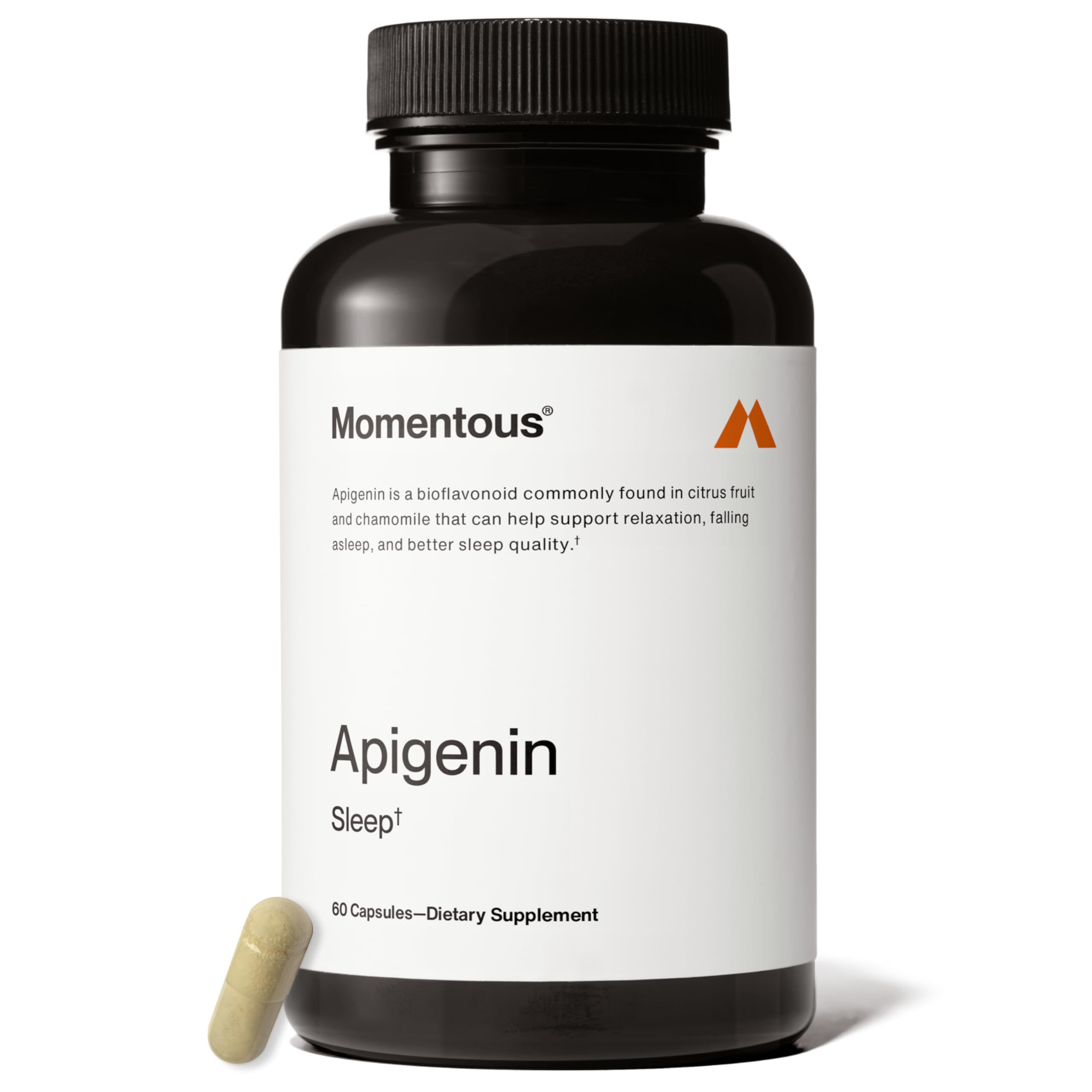 Momentous Apigenin bottle front view highlighting sleep support