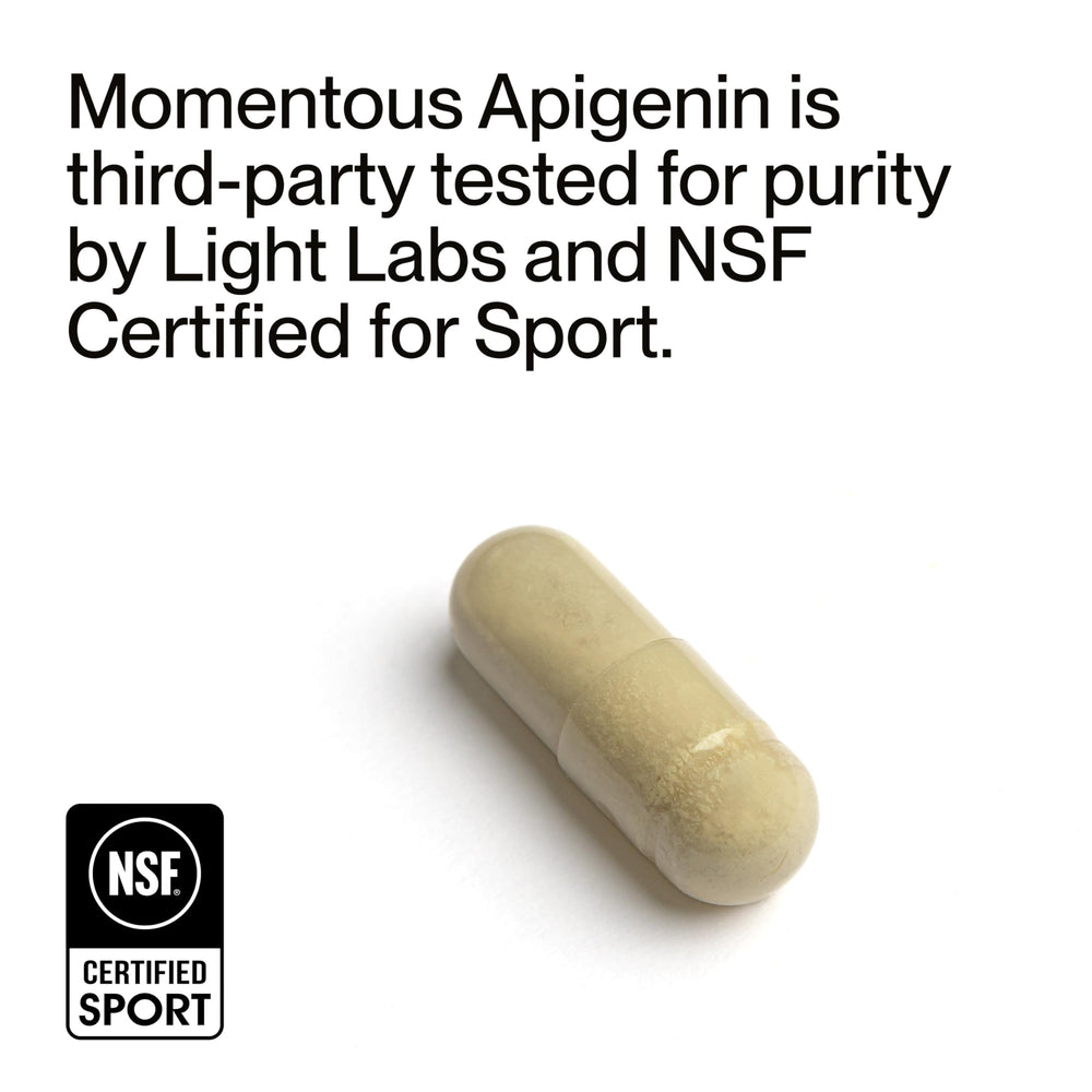 Momentous Apigenin bottle and capsules on a clean surface