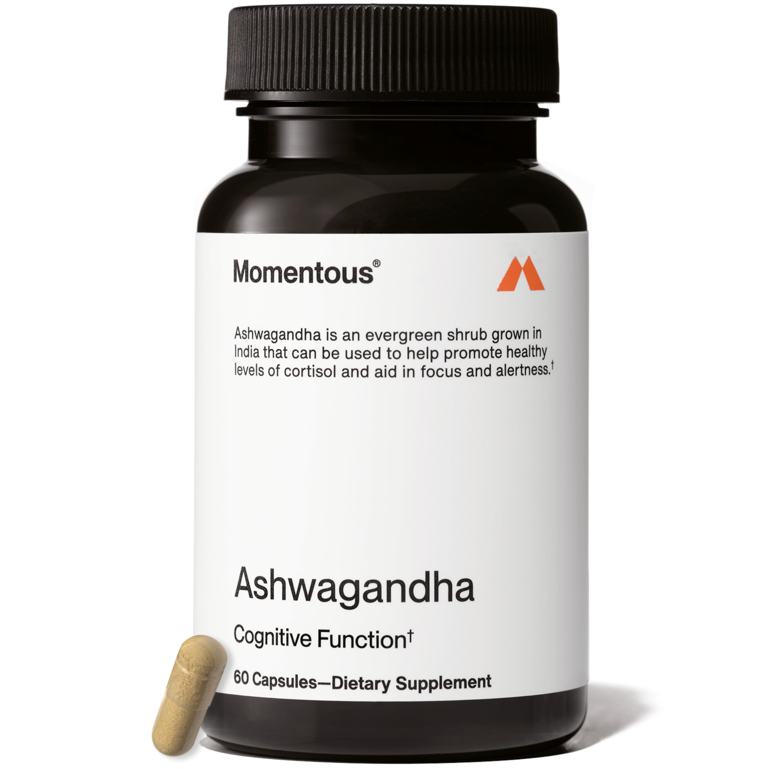 Momentous Ashwagandha bottle label with NSF Certified for Sport for trusted quality.
