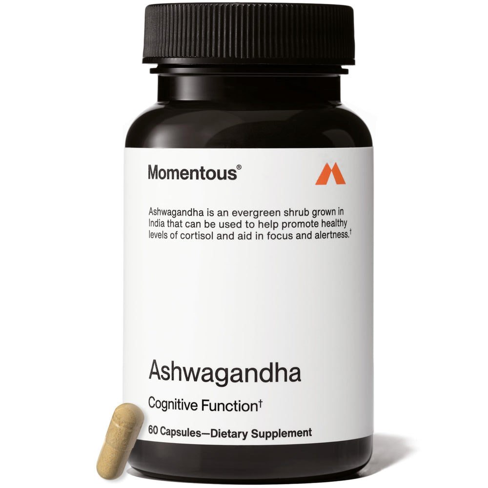 Momentous Ashwagandha bottle label with NSF Certified for Sport for trusted quality.