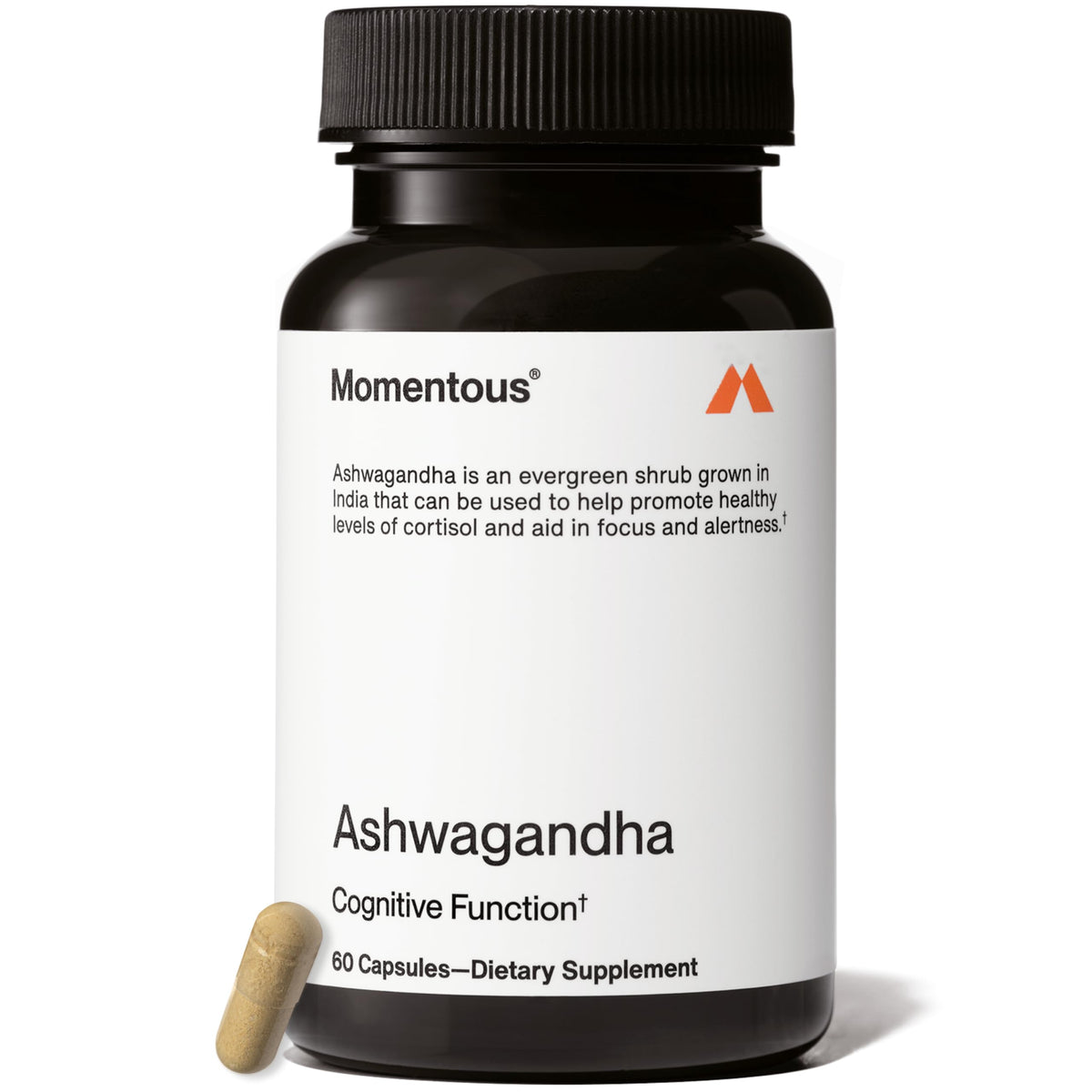 Momentous Ashwagandha bottle label with NSF Certified for Sport for trusted quality.