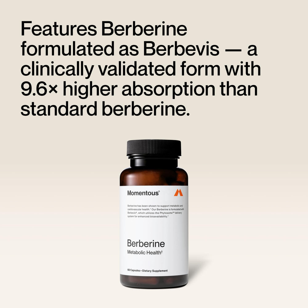 Momentous Berberine label front emphasizing NSF sport certification and plant-based formula
