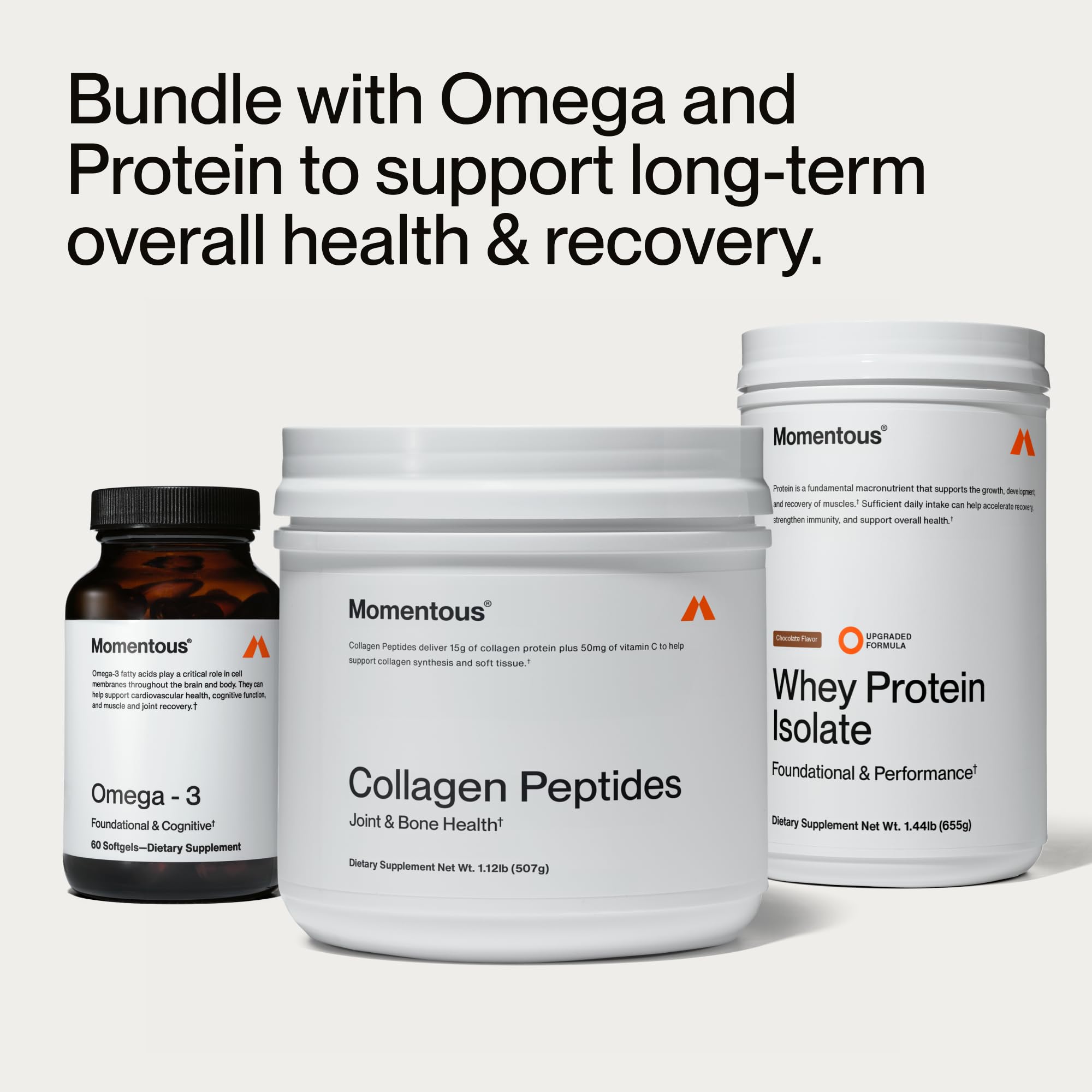 Momentous collagen product highlighting hair, skin, and nails use