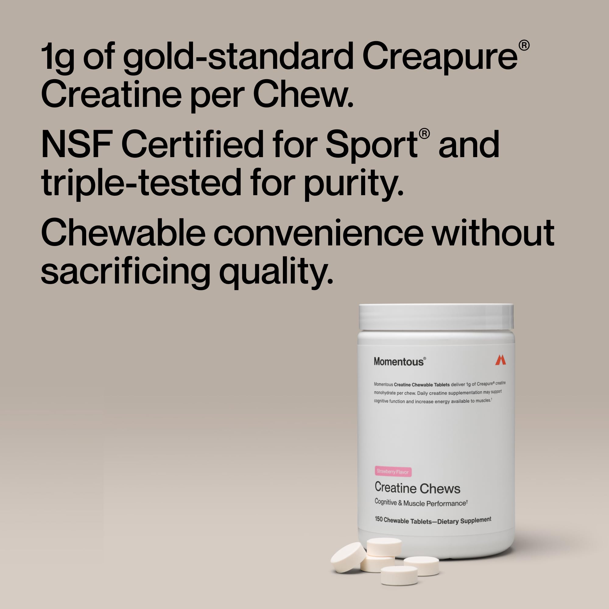 Momentous Creatine Chews close-up tablet showing texture and flavor
