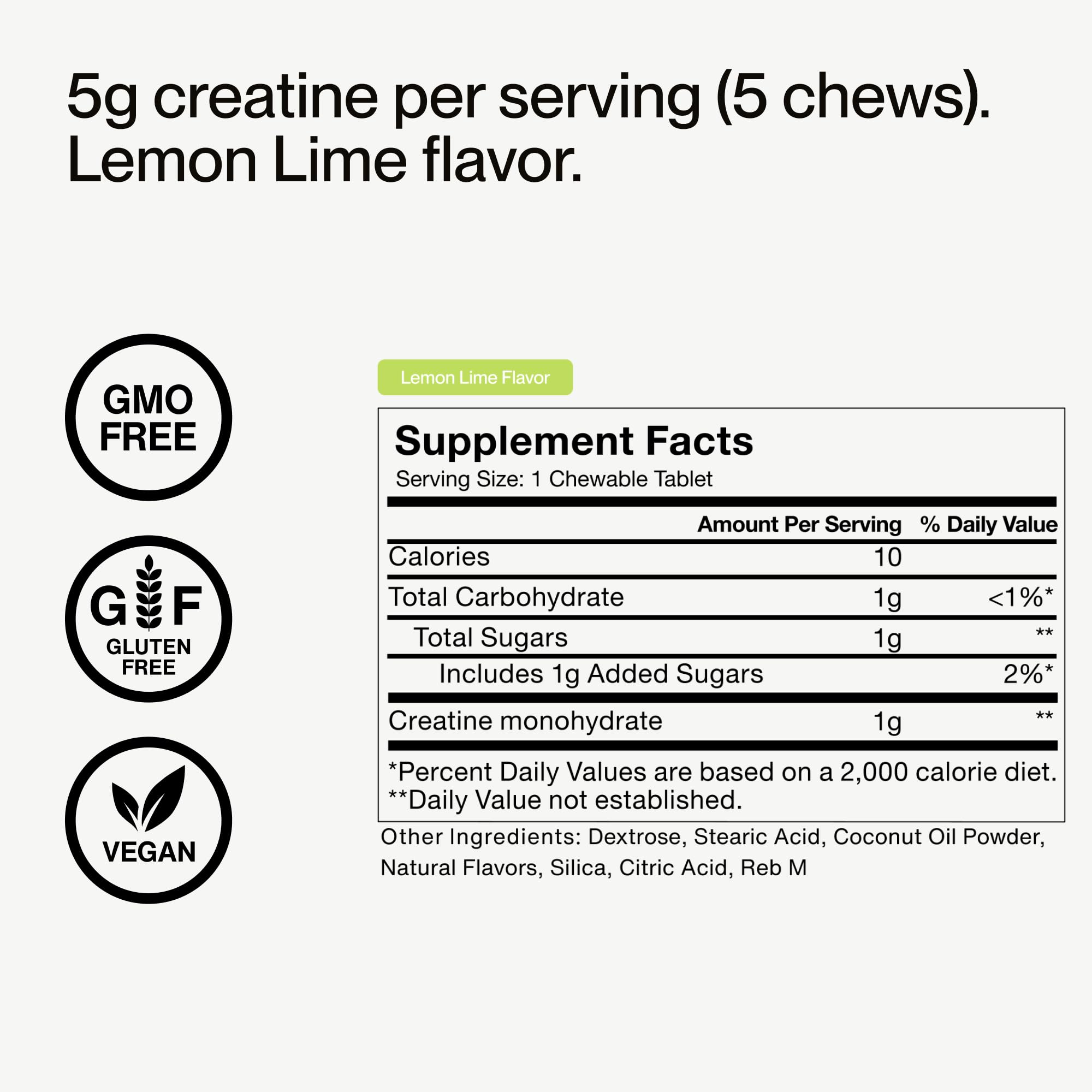 Momentous Creatine Chews lemon-lime bottle emphasizes consistent energy support.