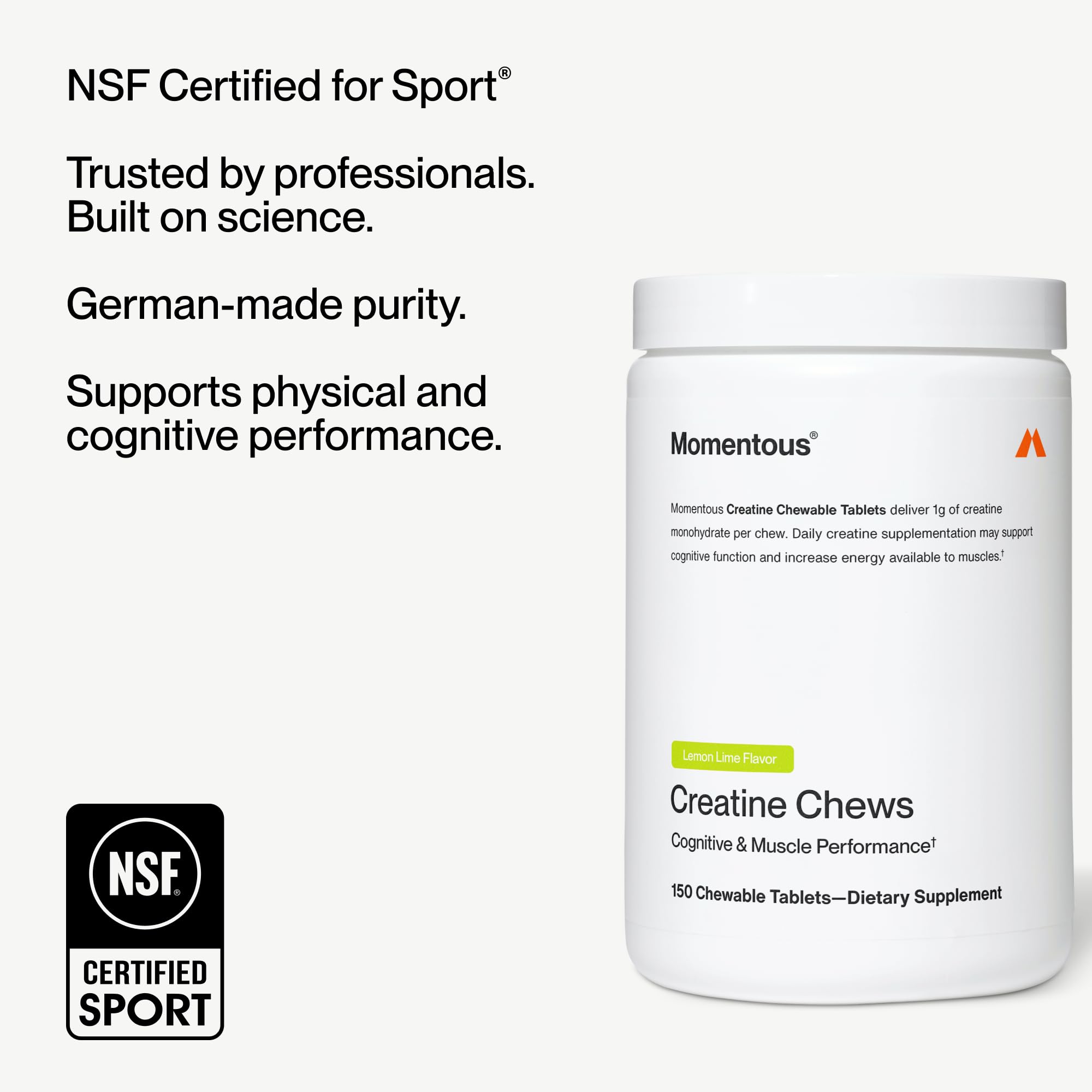 Momentous Creatine Chews lemon-lime in a gym bag for travel-friendly supplementation.