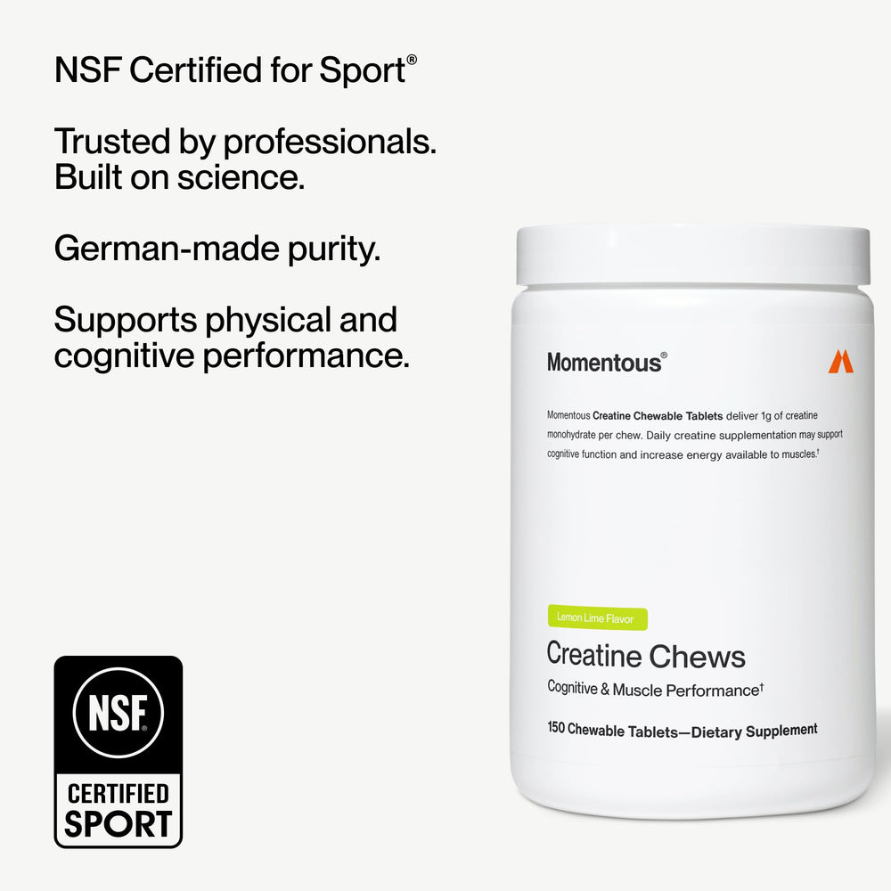 Momentous Creatine Chews lemon-lime in a gym bag for travel-friendly supplementation.