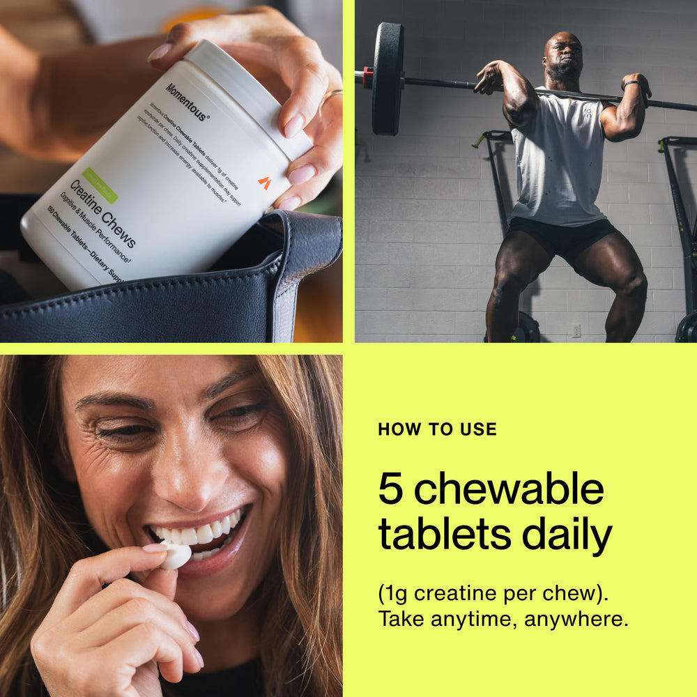 Momentous Creatine Chews lemon-lime in use during a workout for steady energy.