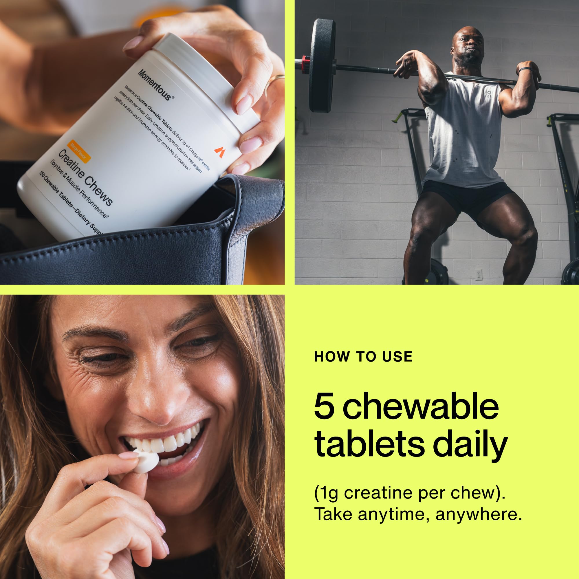 Momentous Creatine Chews mango bottle back detail explains ingredients and usage