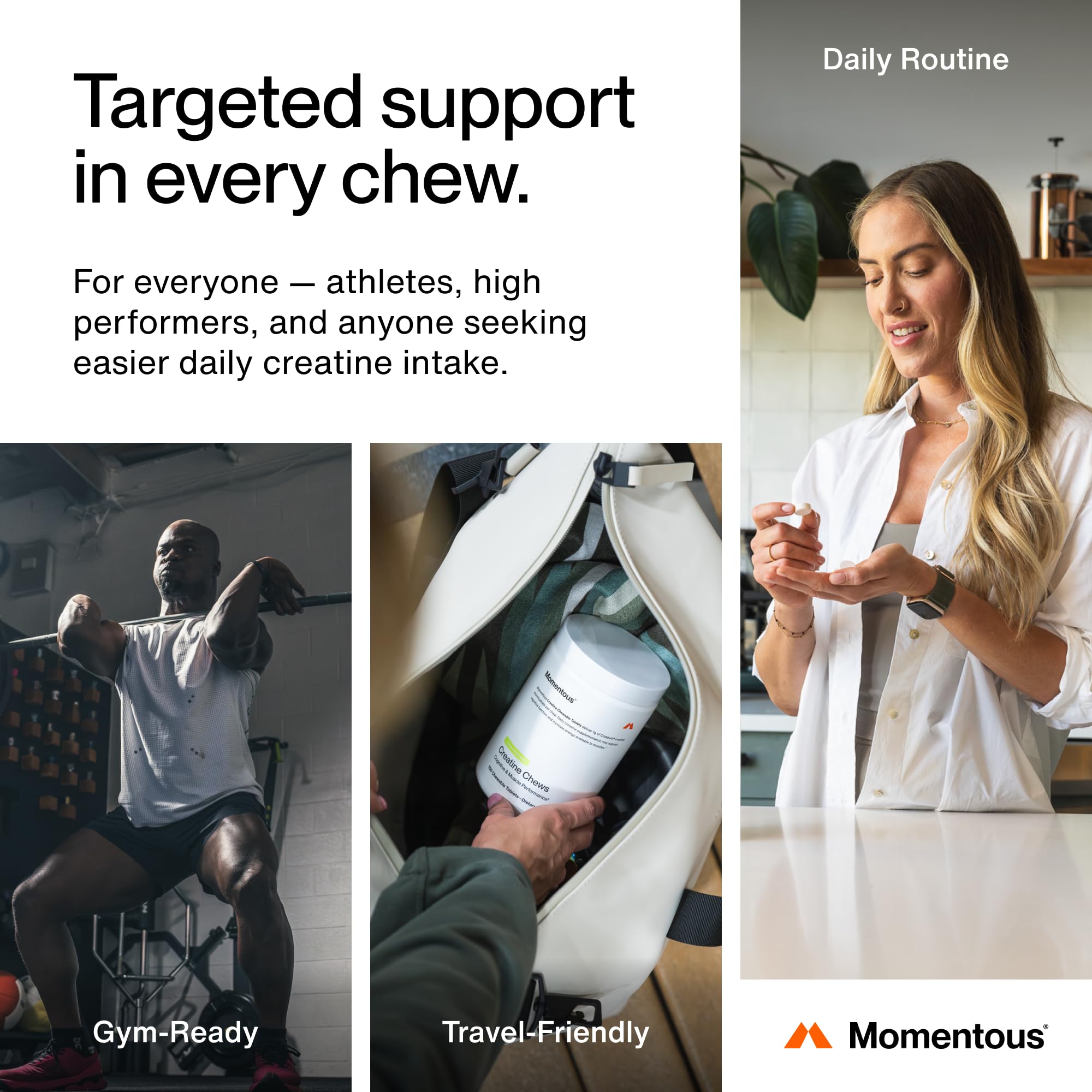 Momentous Creatine Chews mango bottle front showcases NSF Certification for Sport