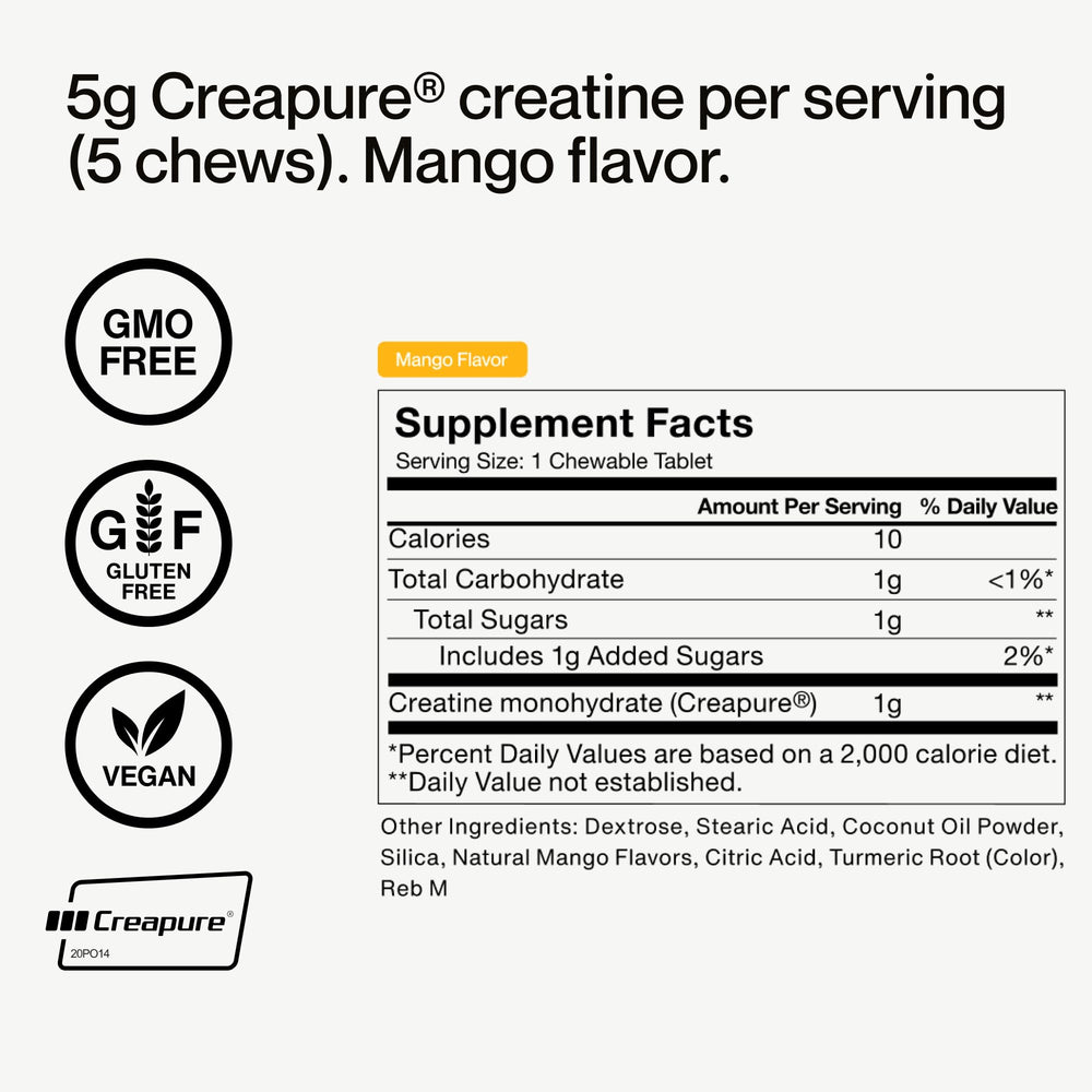 Momentous Creatine Chews mango in a gym bag beside water bottle