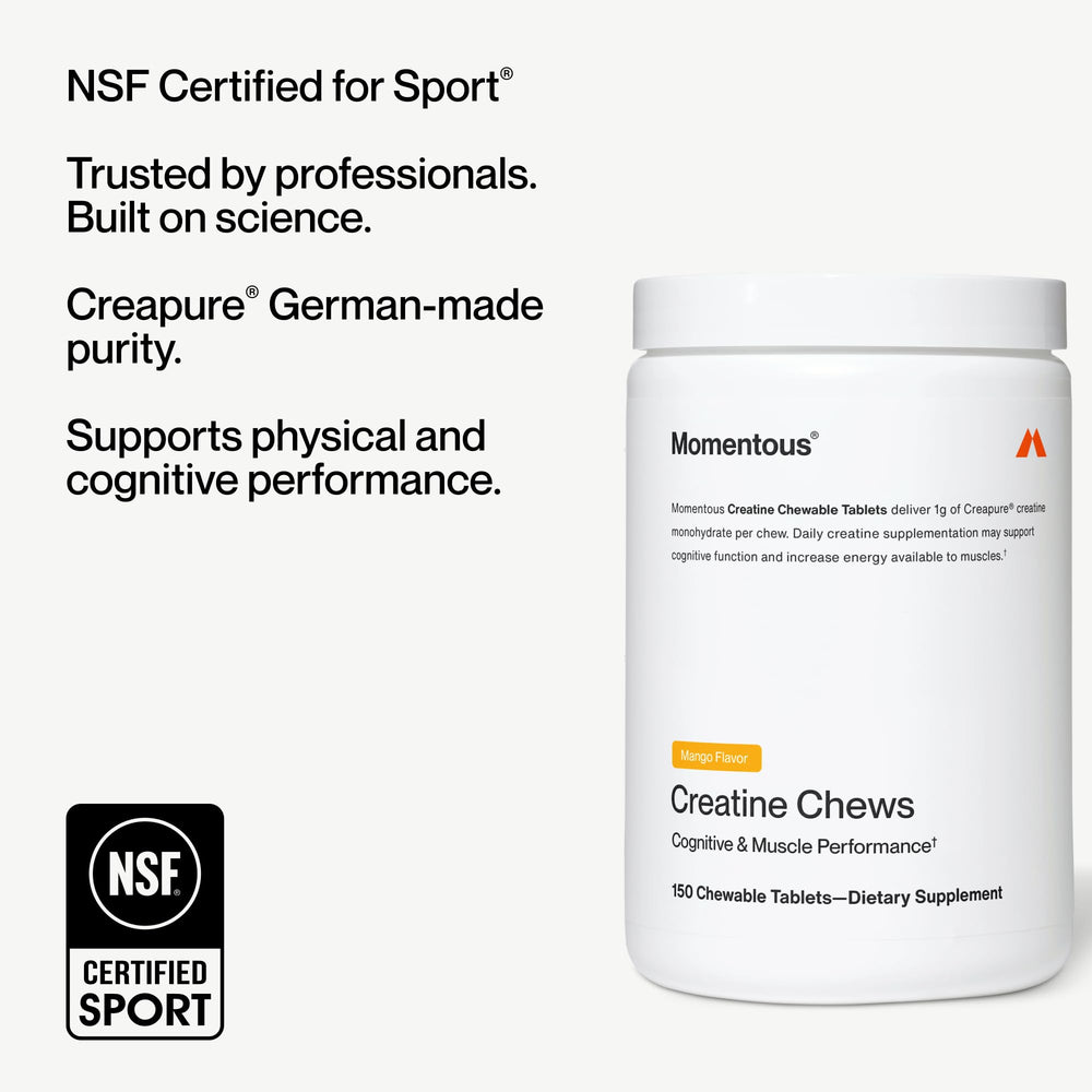 Momentous Creatine Chews mango open jar showing easy-to-take tablets