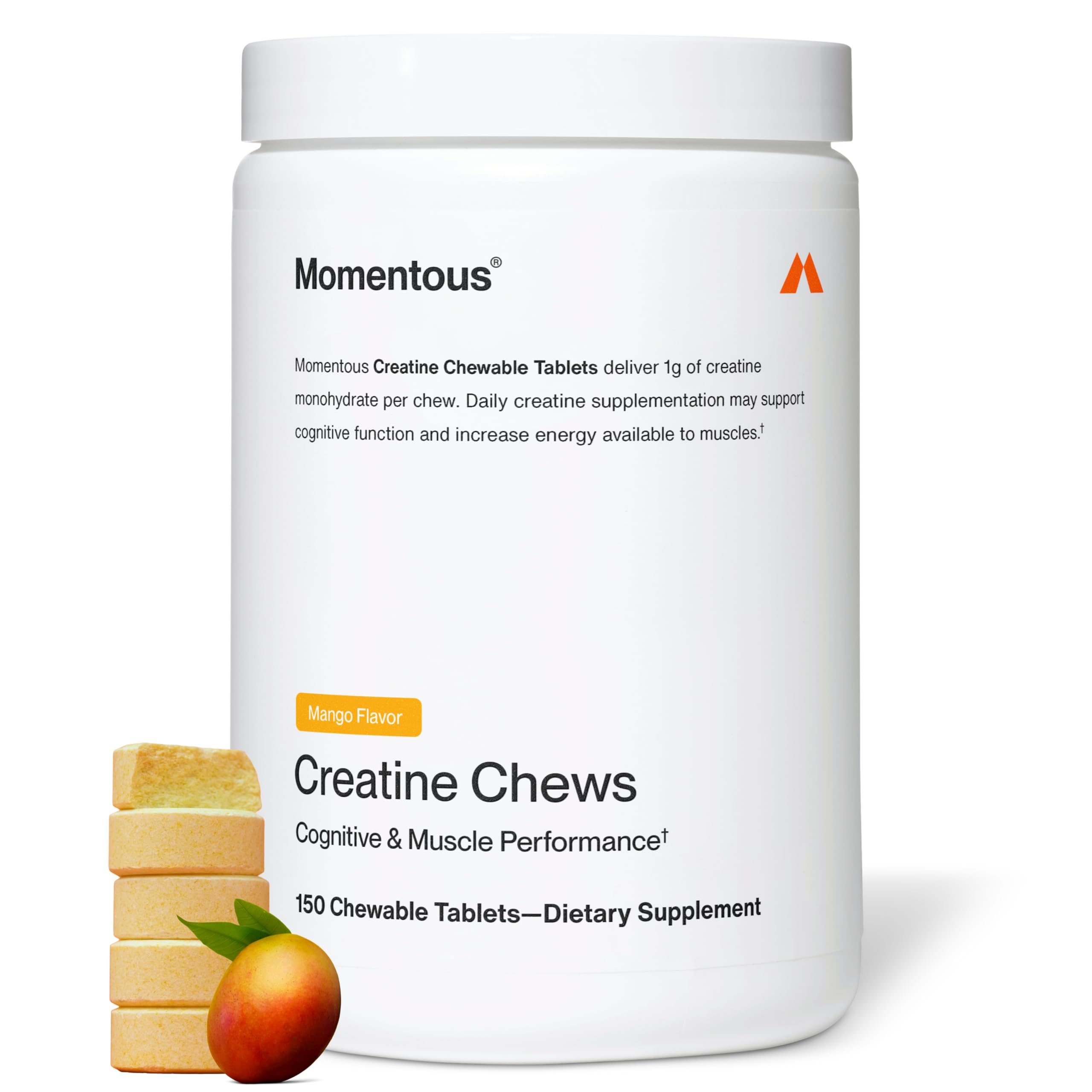 Momentous Creatine Chews mango tablets in hand for post-workout energy and recovery