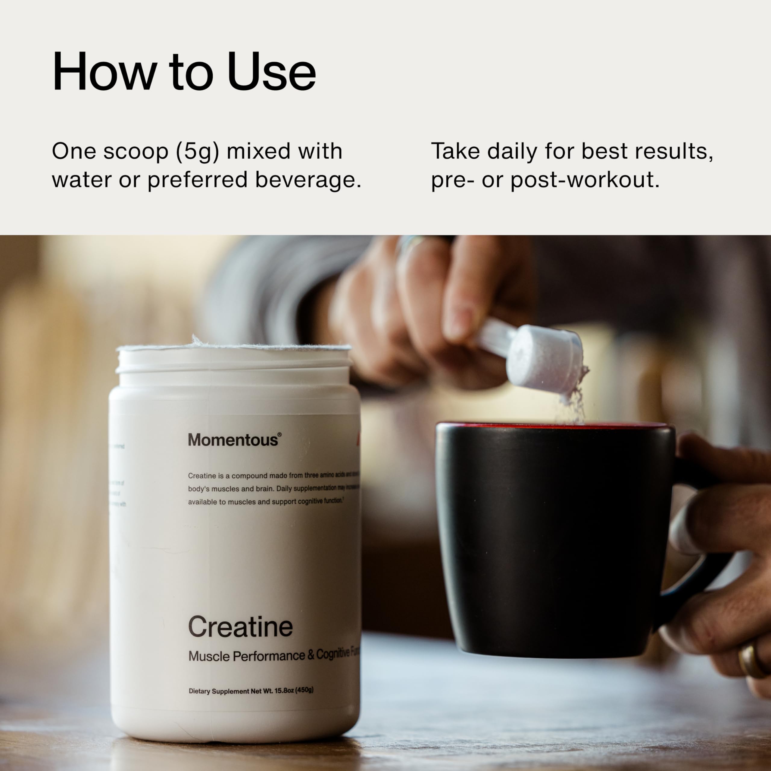 Momentous Creatine Lemon Powder back-of-pack with serving details and NSF certification