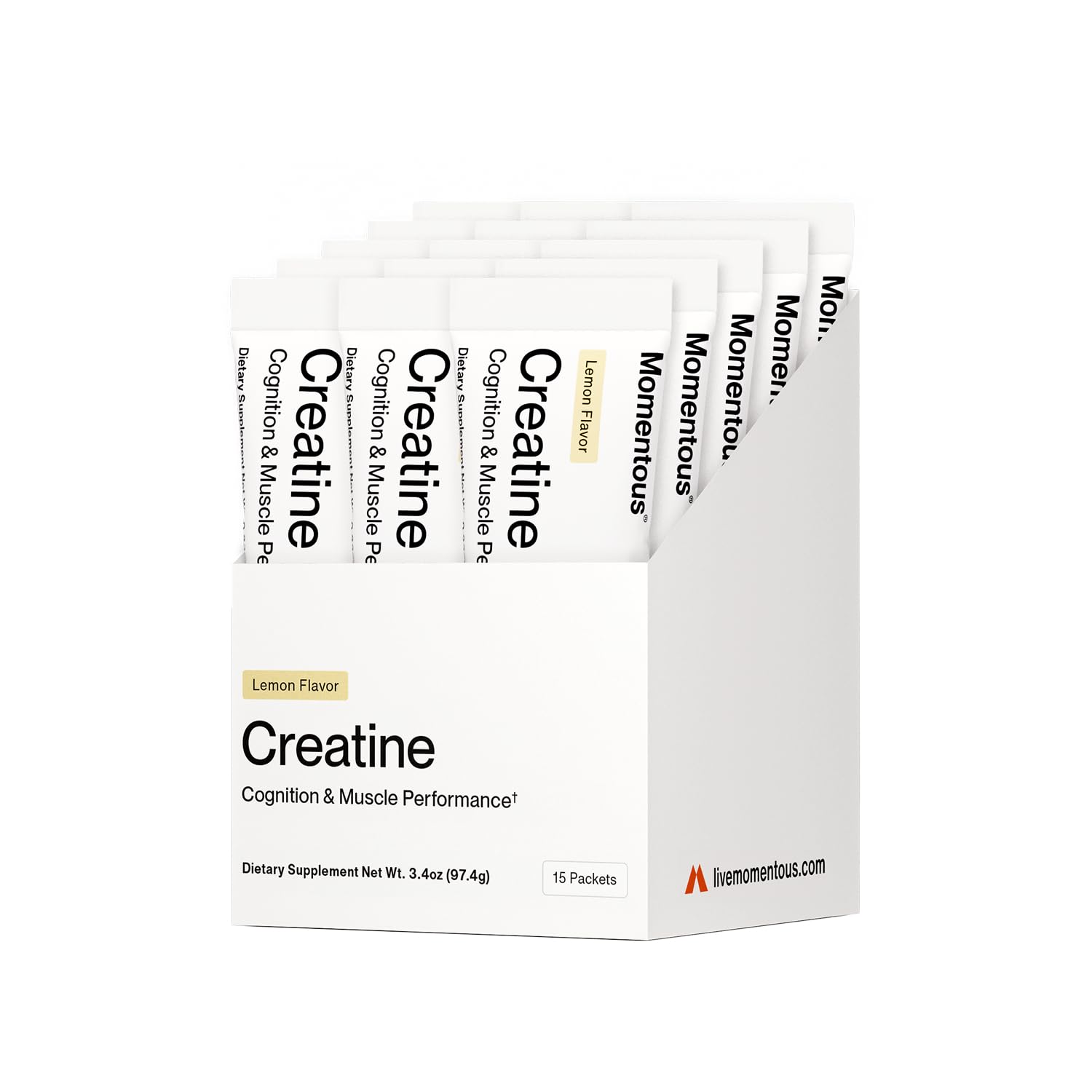 Momentous Creatine Lemon Powder bottle with NSF seal showing pure post-workout support