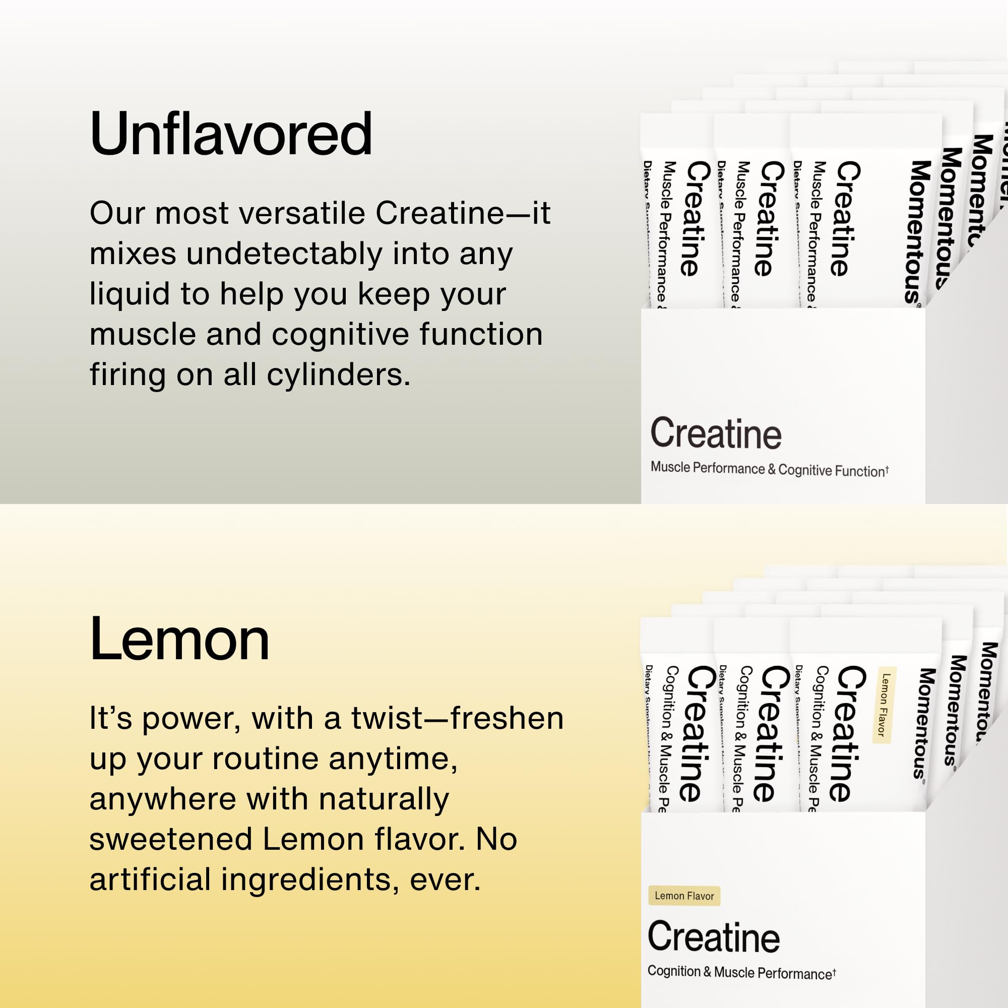 Momentous Creatine Lemon Powder scoop emphasizing 6.49 g serving