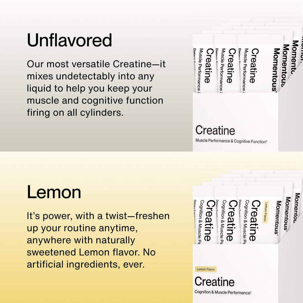 Momentous Creatine Lemon Powder scoop emphasizing 6.49 g serving