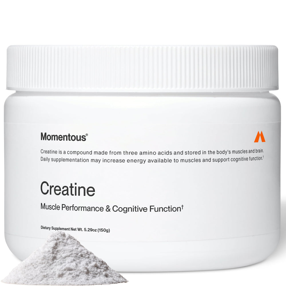 Momentous Creatine Monohydrate Powder bottle supports lean muscle and recovery.