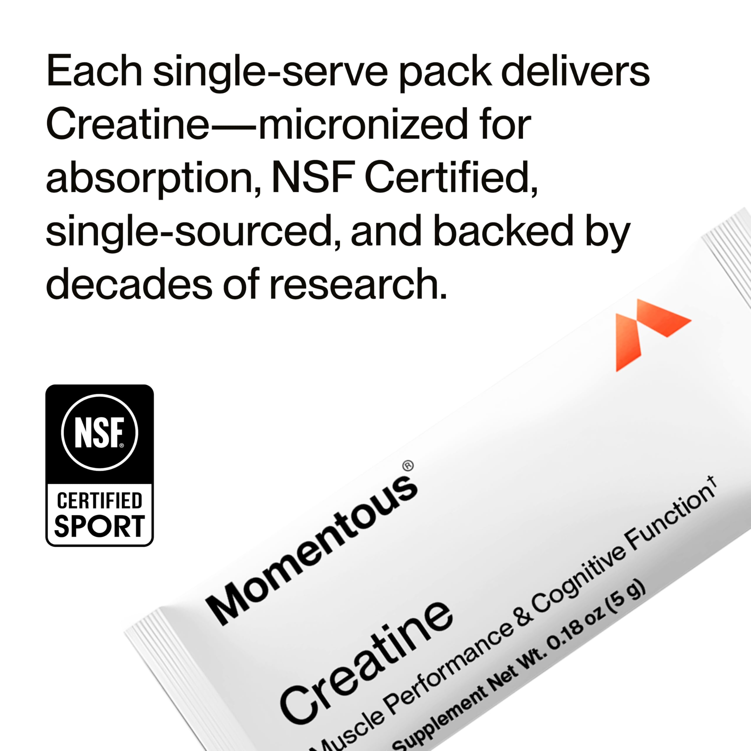 Momentous Creatine powder bottle on counter conveys authenticity and reliability.