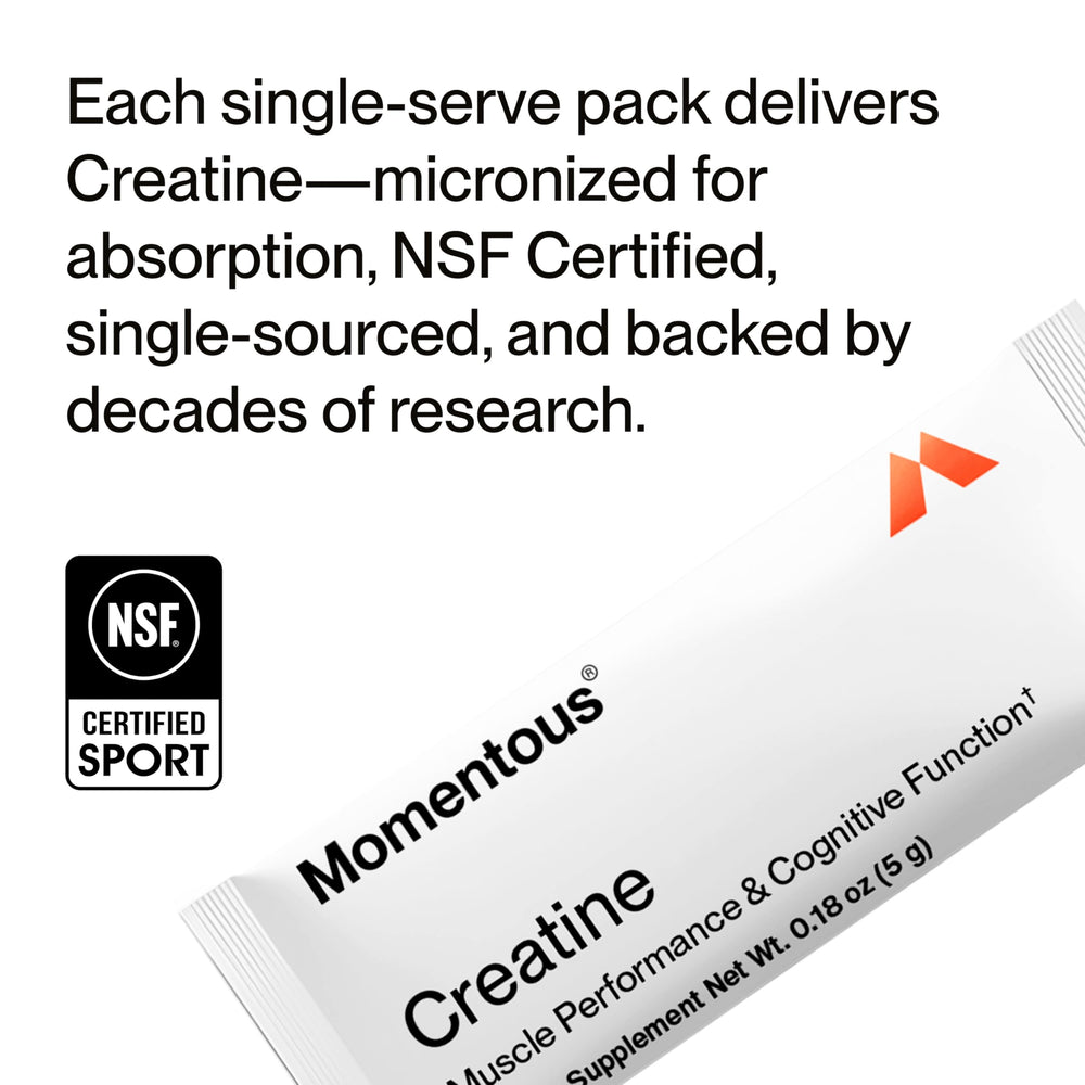 Momentous Creatine powder bottle on counter conveys authenticity and reliability.
