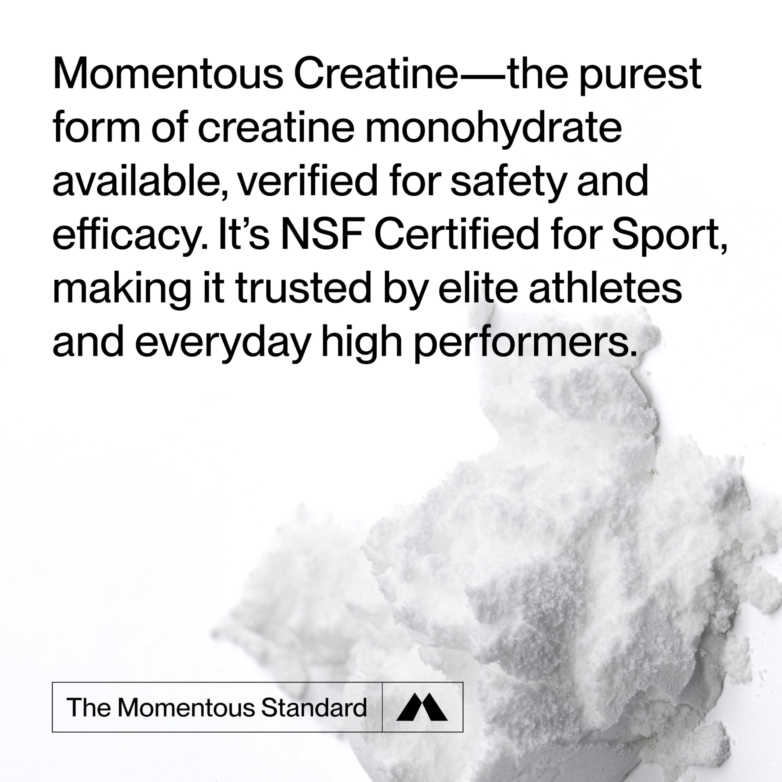 Momentous Creatine powder jar label highlights NSF Certified for Sport and purity.