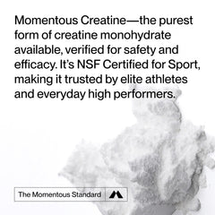 Momentous Creatine powder jar label highlights NSF Certified for Sport and purity.