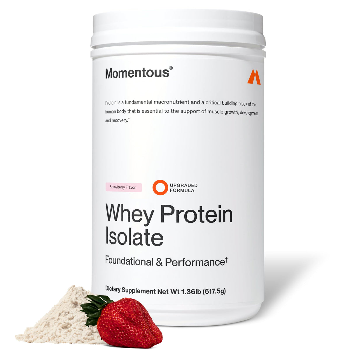 Momentous Essential Grass-Fed Whey Strawberry bottle promotes post workout recovery