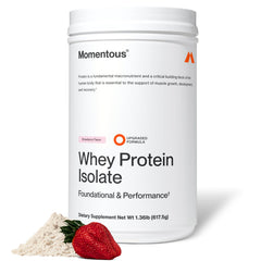 Momentous Essential Grass-Fed Whey Strawberry bottle promotes post workout recovery