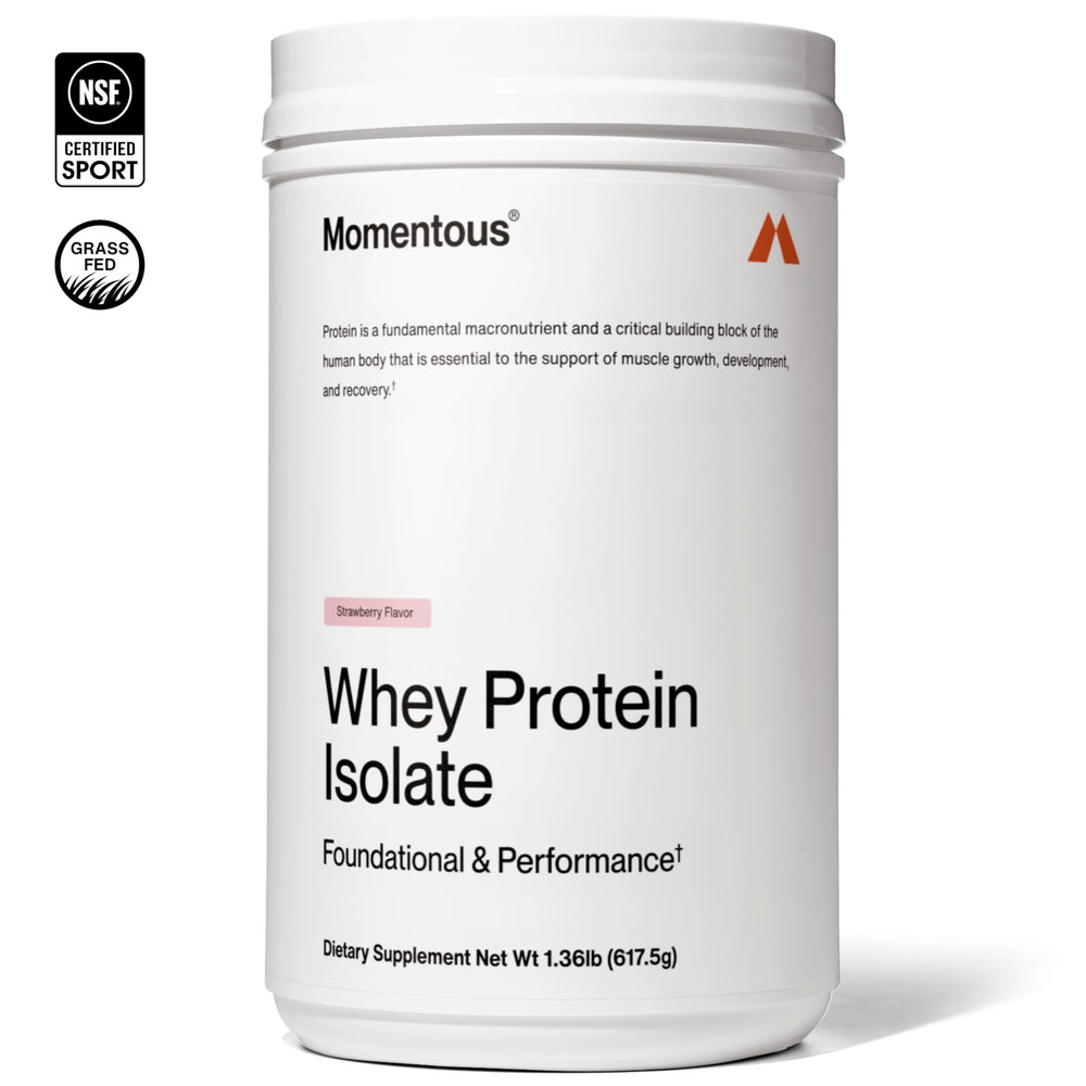 Momentous Essential Grass-Fed Whey Powder in glass shows easy mixing