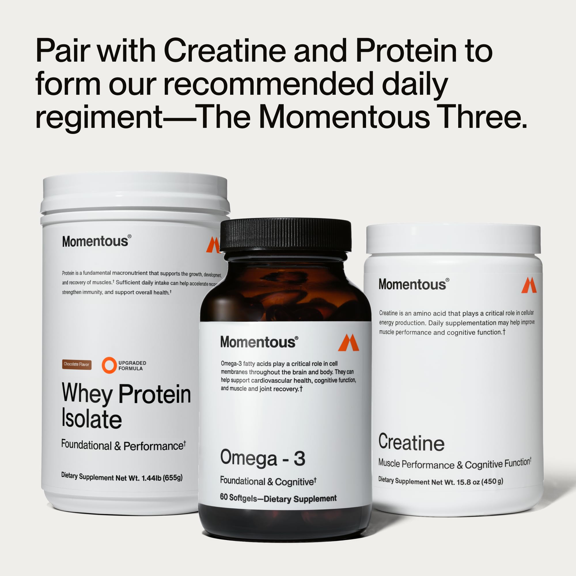 Momentous Omega-3 capsules in hand illustrate convenient support for brain, heart, and joints