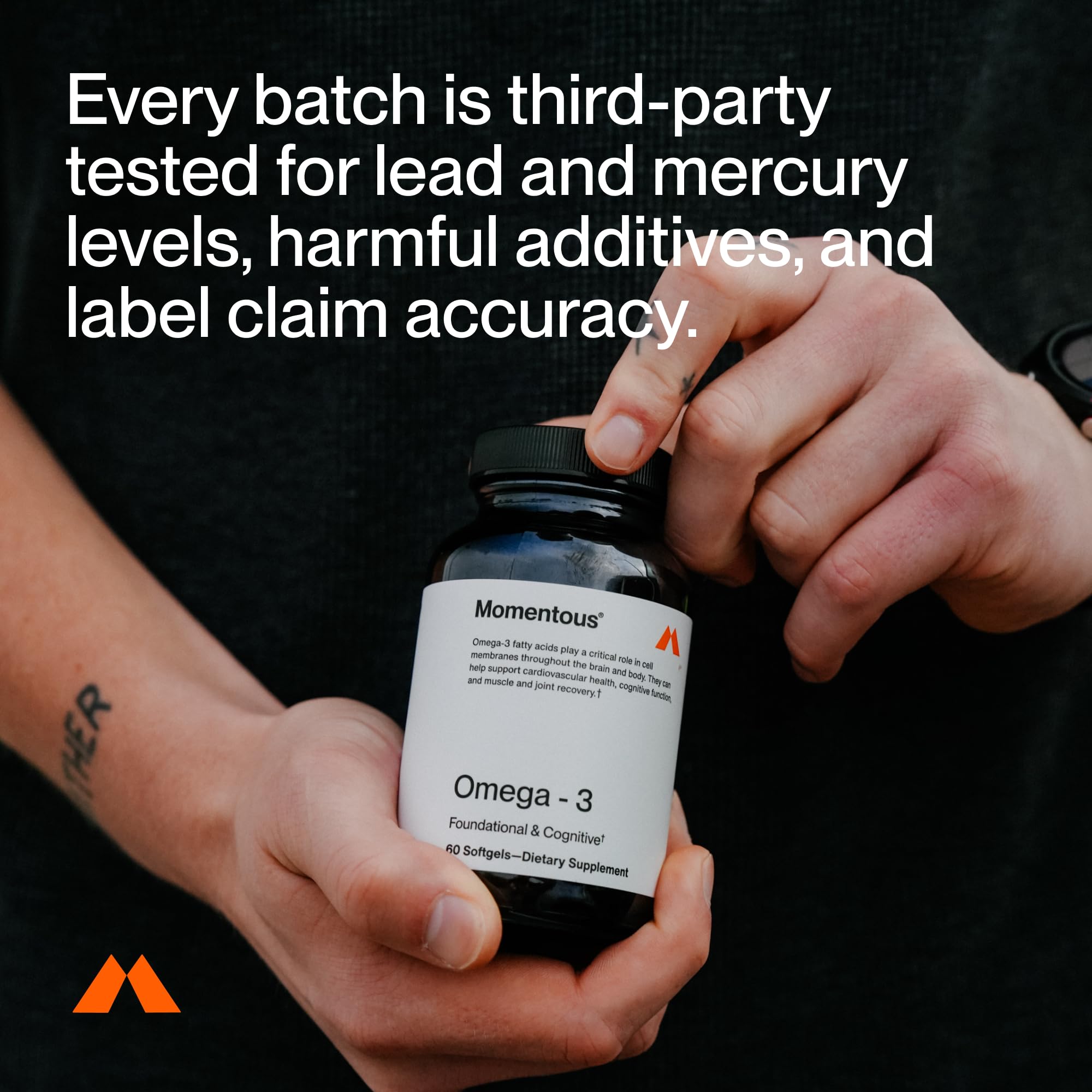 Momentous Omega-3 daily-dose pairing on bottle reflects recommended two capsules with food