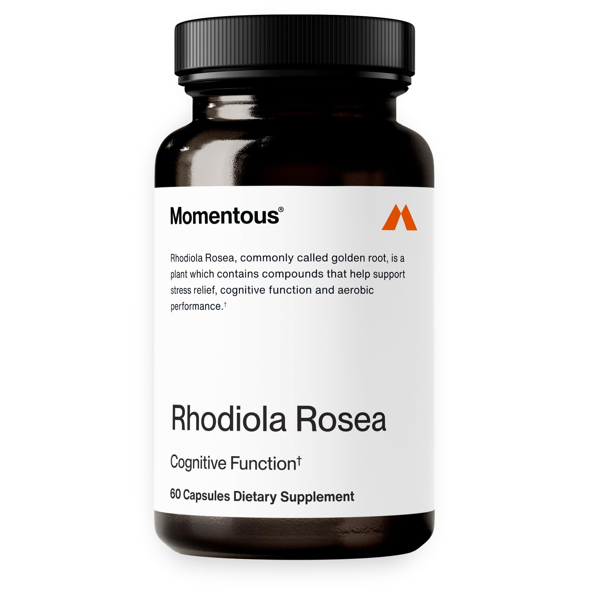 Momentous Rhodiola Rosea bottle close-up for potential energy support and stress resilience.