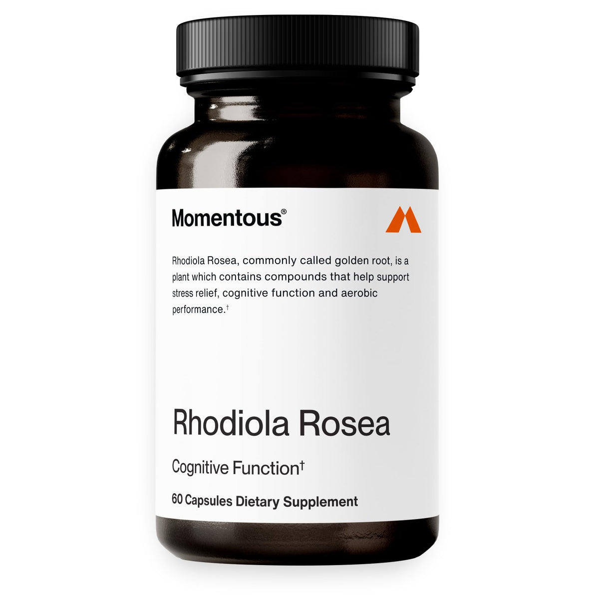 Momentous Rhodiola Rosea bottle close-up for potential energy support and stress resilience.