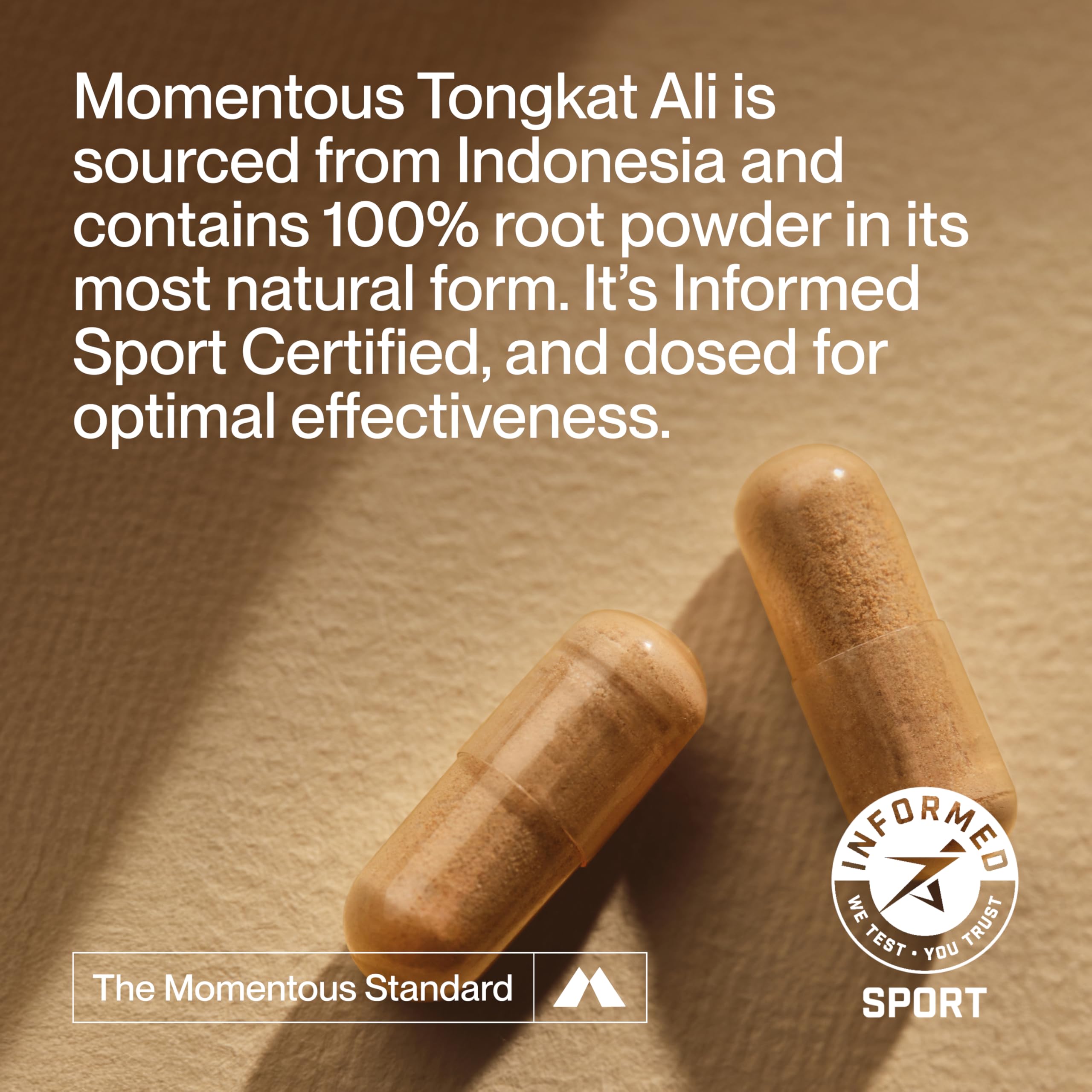 Momentous Tongkat Ali powder scoop with imagery suggests daily 400 mg dose.