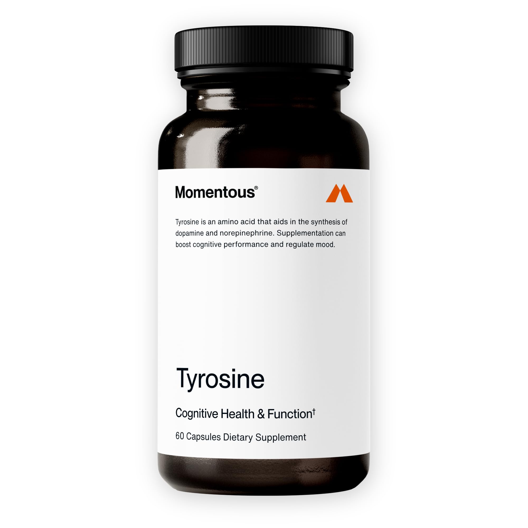 Momentous Tyrosine capsules bottle on desk for focus support