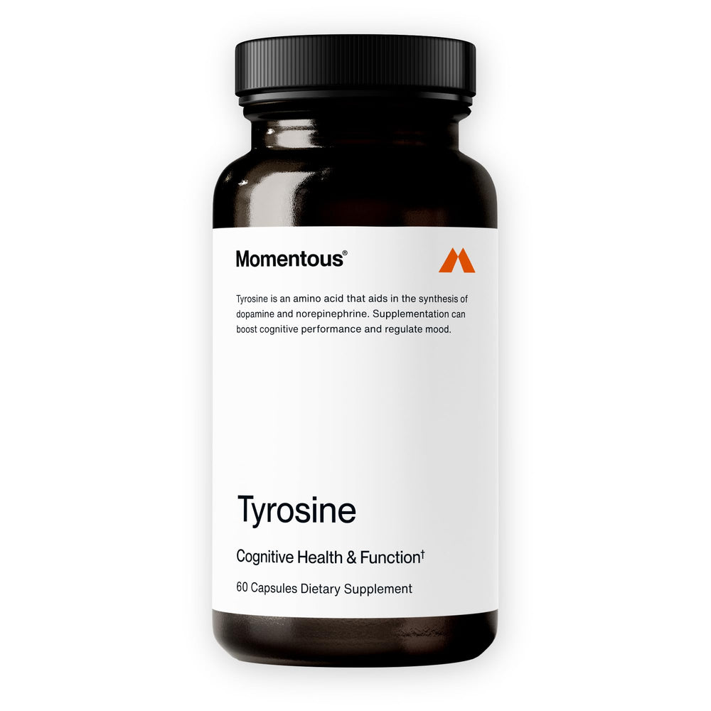 Momentous Tyrosine capsules bottle on desk for focus support