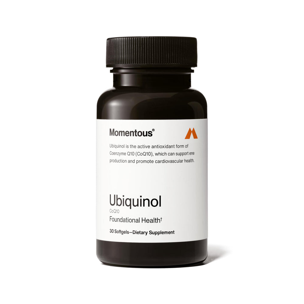 Momentous Ubiquinol softgel bottle supports daily energy and foundational health.