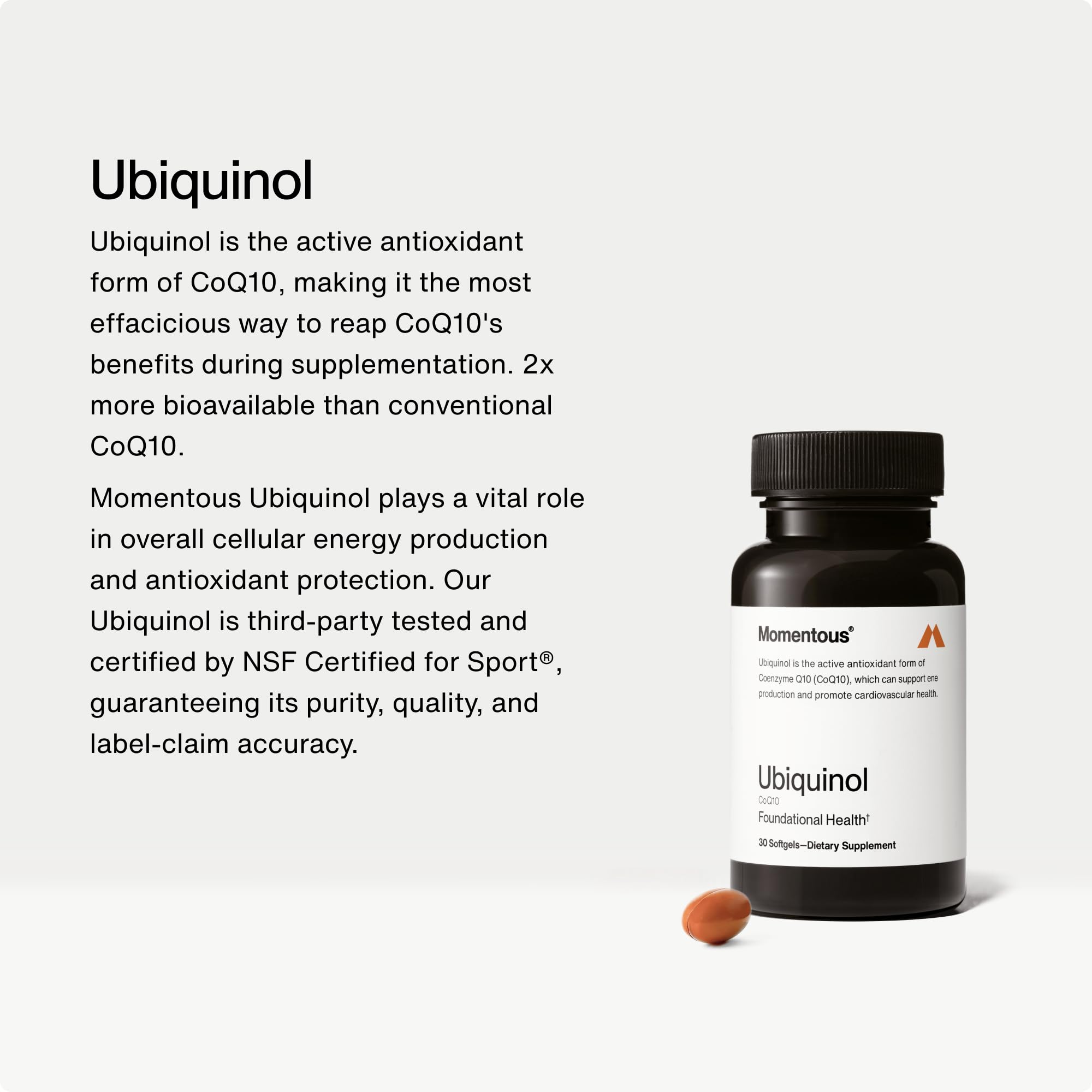 Momentous Ubiquinol softgel capsules close-up showing bioavailable ubiquinol.