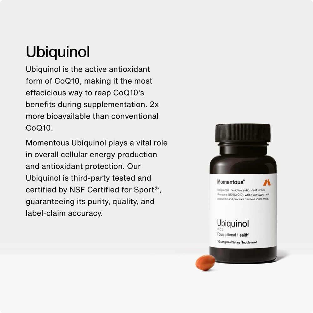 Momentous Ubiquinol softgel capsules close-up showing bioavailable ubiquinol.