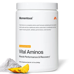 Momentous Vital Aminos Tropical Punch canister shown for post-workout recovery.
