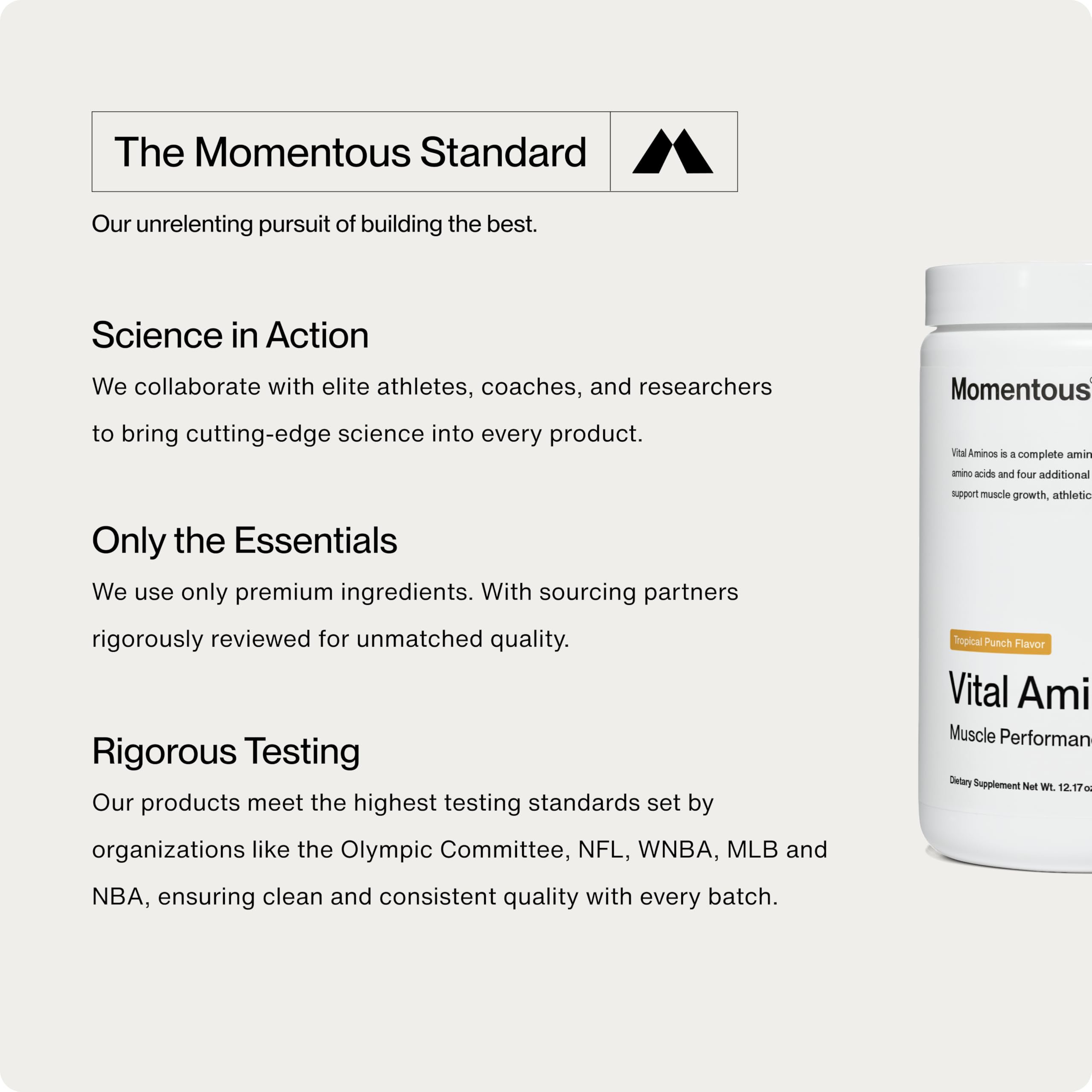 Momentous Vital Aminos label closeup highlights ingredients and certification.
