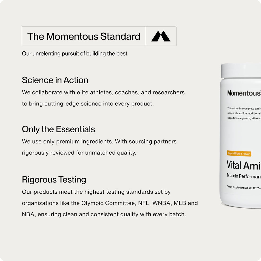 Momentous Vital Aminos label closeup highlights ingredients and certification.