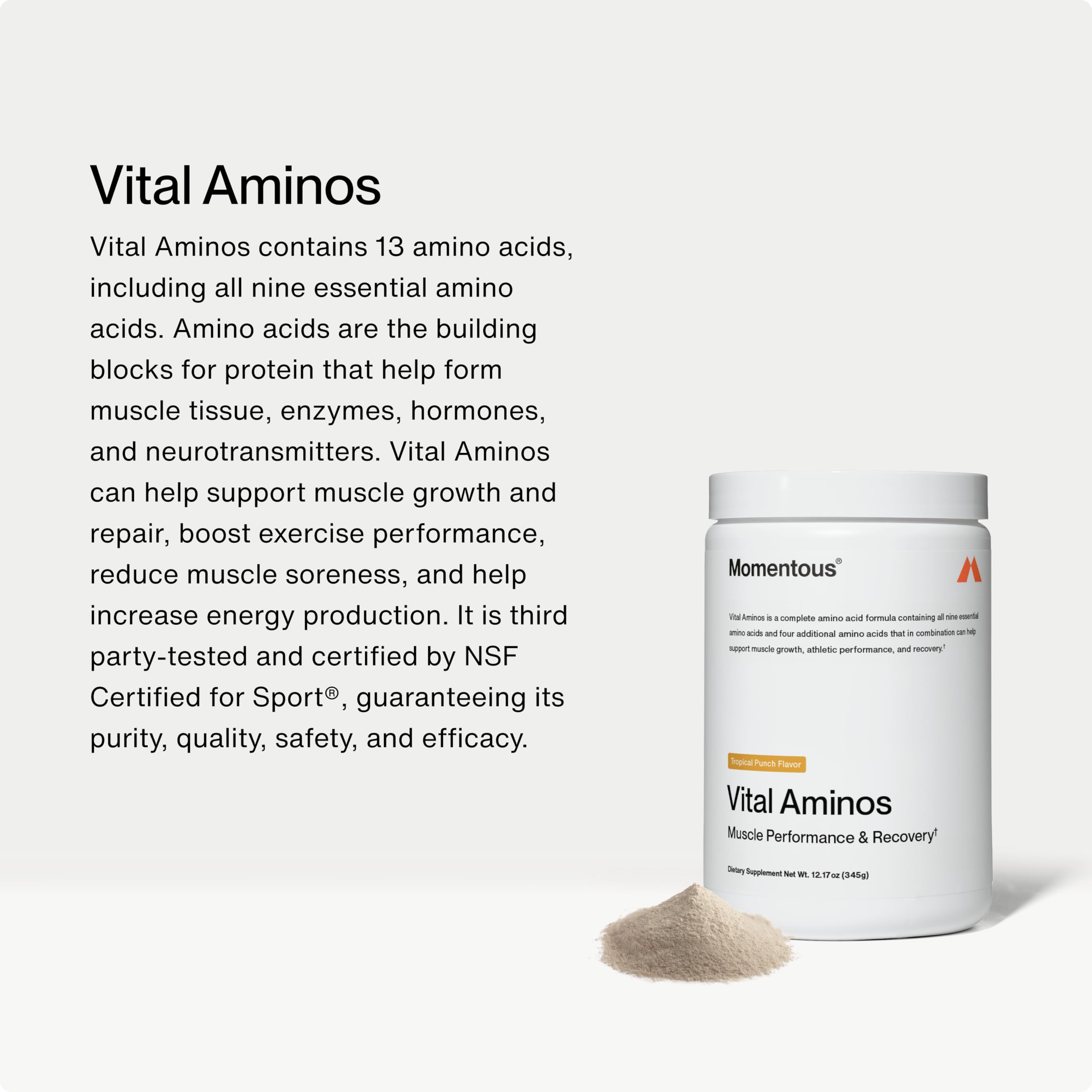 Momentous Vital Aminos scoop ready to mix with your beverage.