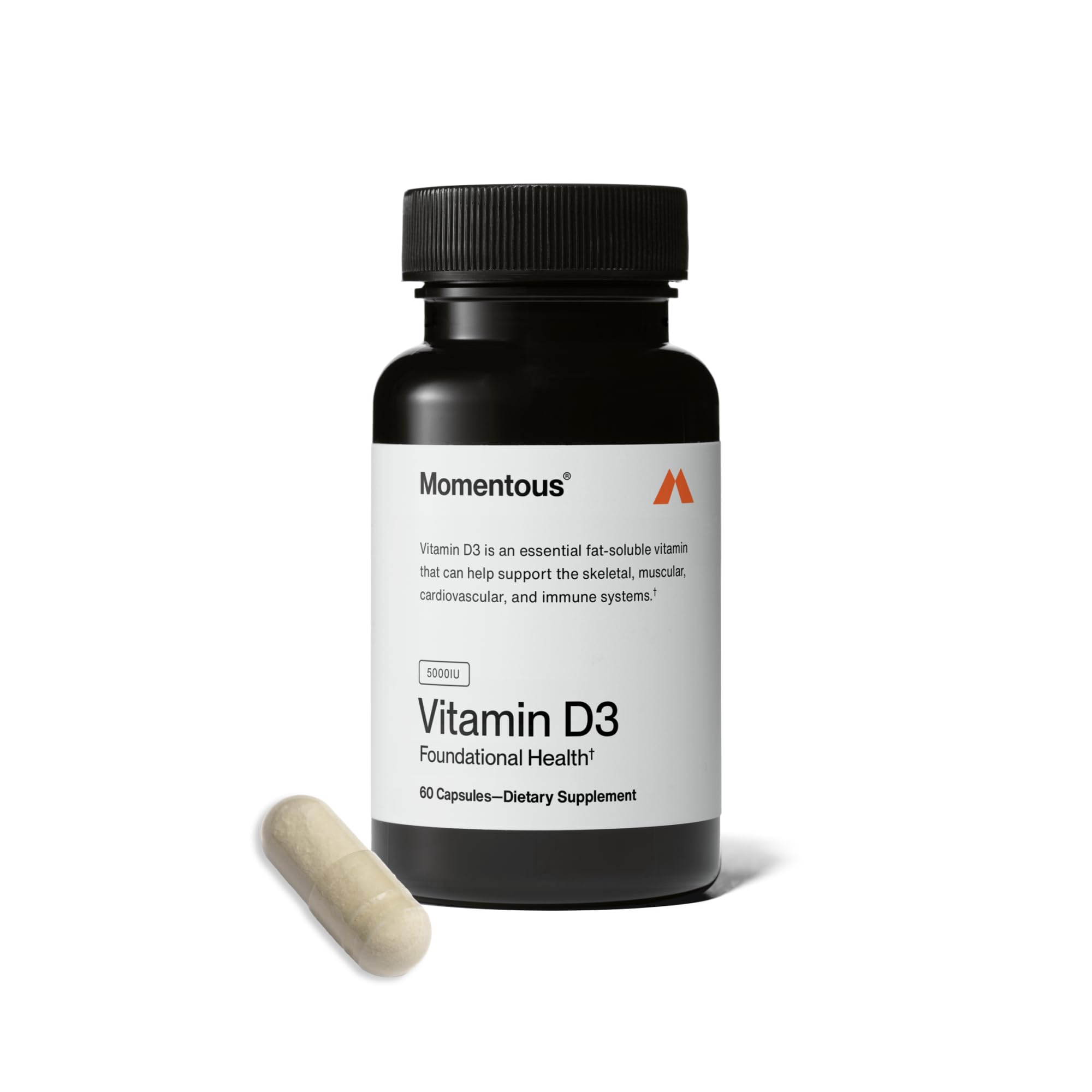 Momentous Vitamin D3 bottle with 5000 IU capsules for daily bone support.