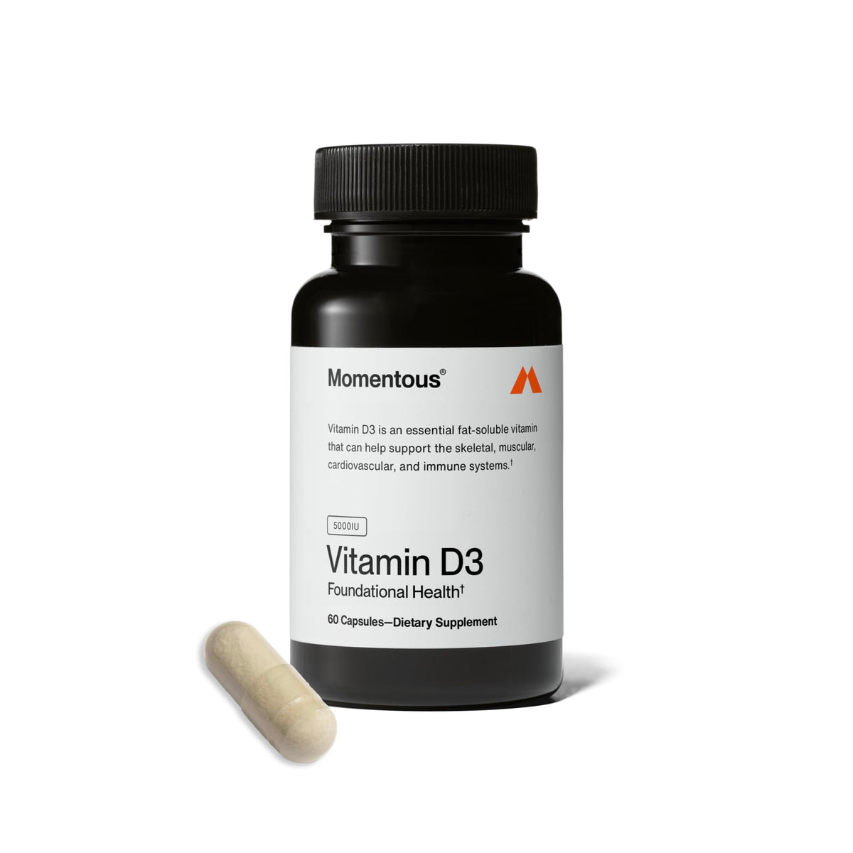 Momentous Vitamin D3 bottle with 5000 IU capsules for daily bone support.