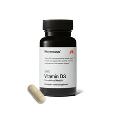 Momentous Vitamin D3 bottle with 5000 IU capsules for daily bone support.