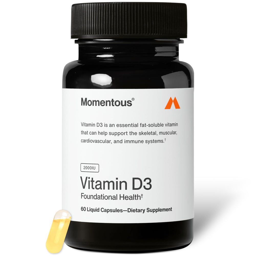 Momentous Vitamin D3 bottle-pour demonstrates easy daily dosing for bone support