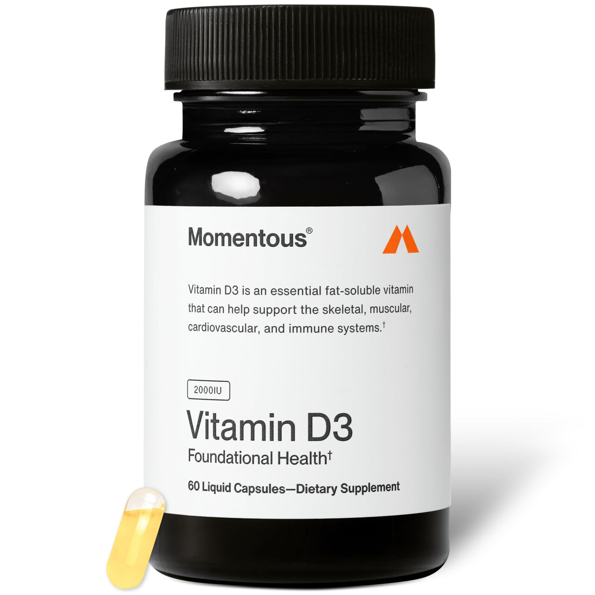 Momentous Vitamin D3 bottle-pour demonstrates easy daily dosing for bone support